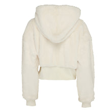 Load image into Gallery viewer, Hooded cream faux fur cropped jacket
